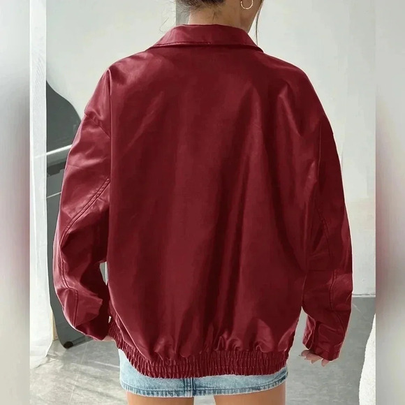 Casual Off-Shoulder Zipped PU Leather Coat - Picture 3 of 4